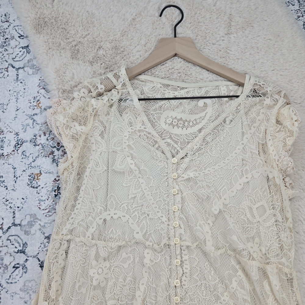 Torrid Mini Lace Button-Front Shirt Dress Birch Plus Size 1 - Picture 2 of 8